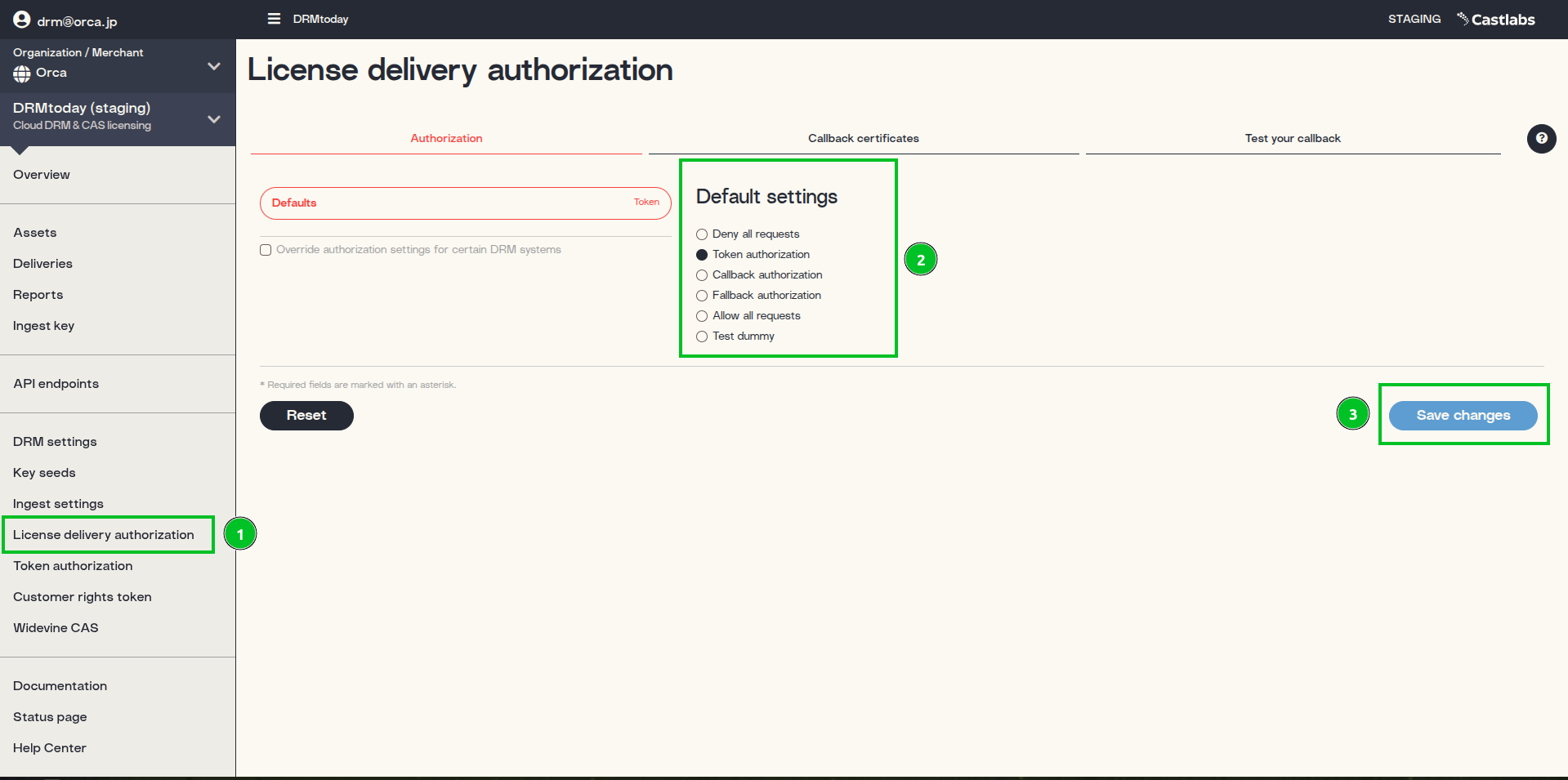License delivery authorization page in DRMtoday