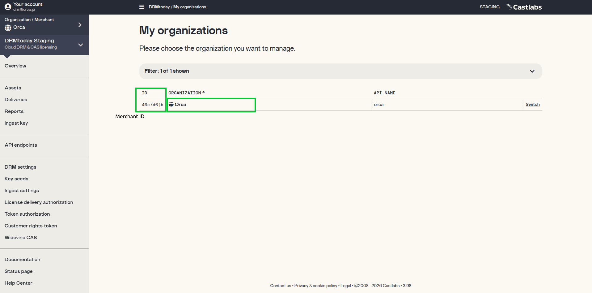 DRMtoday My organizations screen