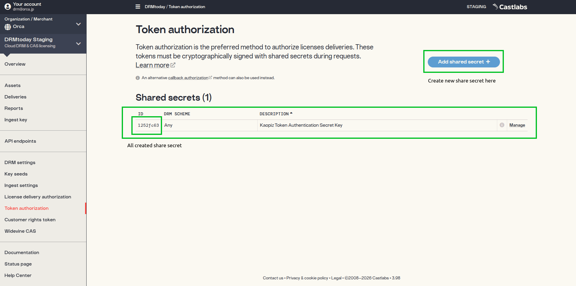 Token authorization shared secrets list in DRMtoday